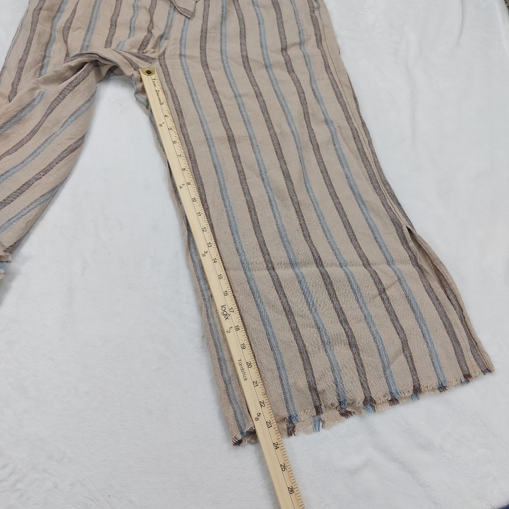 REWASH WOMEN'S TAN LINEN BLEND WIDE LEG BLUE STRIPE PULL ON CAPRI PANTS SIZE L - Picture 3 of 9